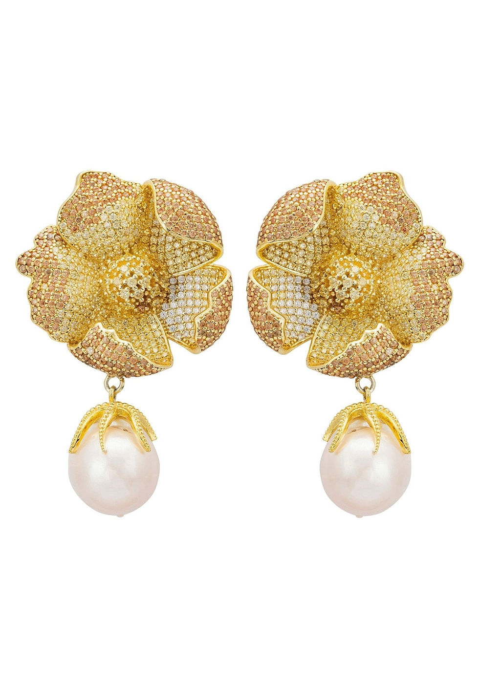 Poppy Flower Baroque Pearl Earrings Lemon Gold