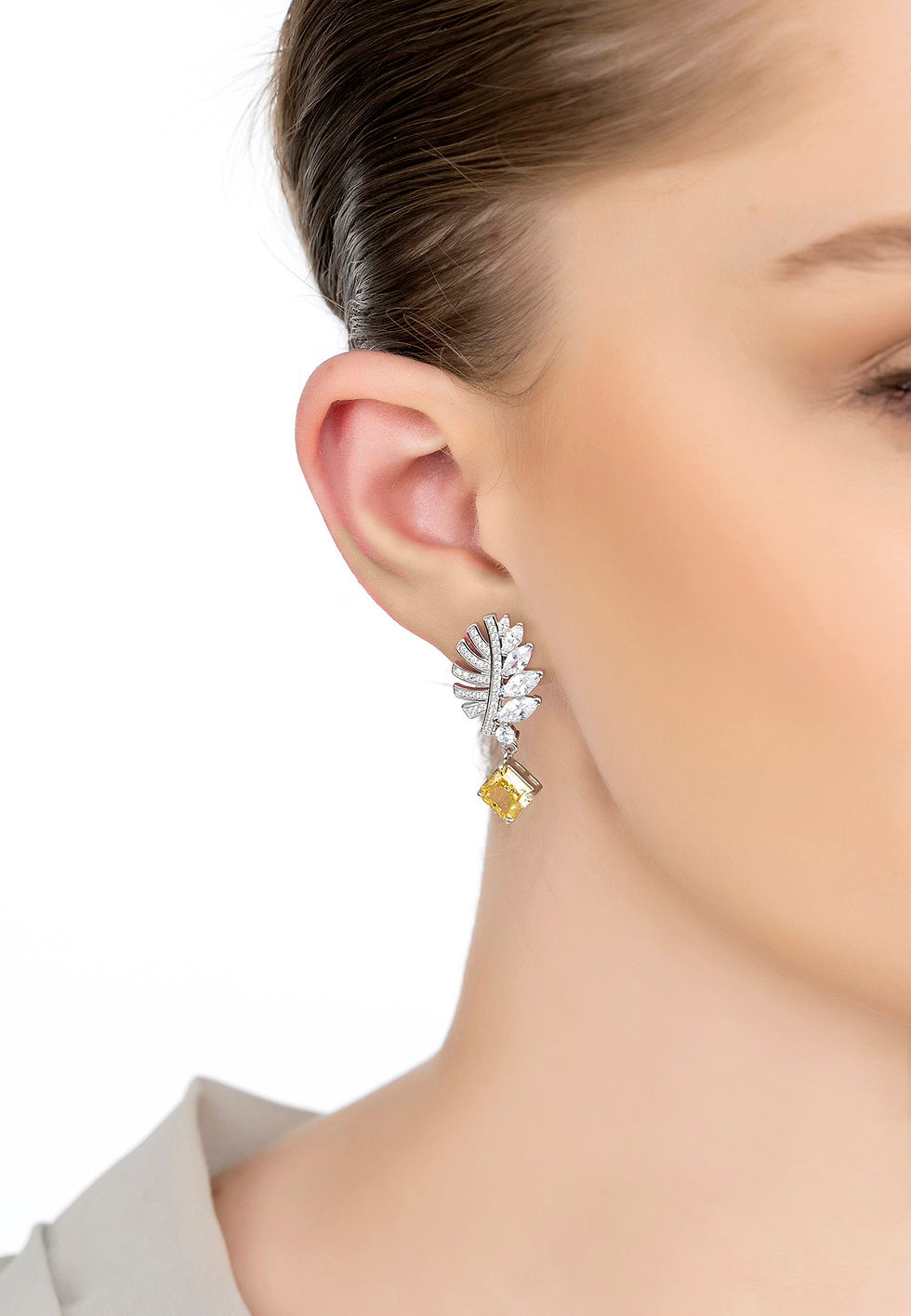 Miniaturbild: Palm Leaf Yellow Topaz Drop Earrings Silver