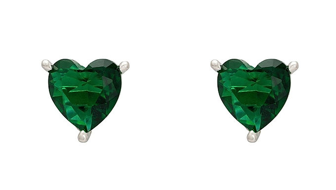 Amore Heart Stud Earrings Emerald Silver