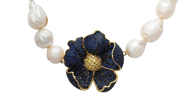 Poppy Flower Baroque Pearl Necklace Sapphire Blue Gold