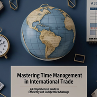 A flat-lay image featuring a globe, clock, calendar, and office supplies, representing time management in international trade.