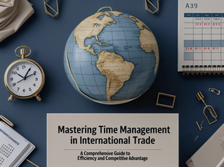 A flat-lay image featuring a globe, clock, calendar, and office supplies, representing time management in international trade.