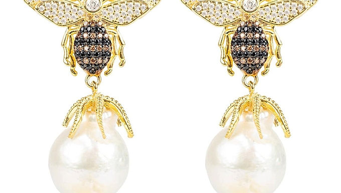 Baroque Pearl Honey Bee Drop Earrings Gold