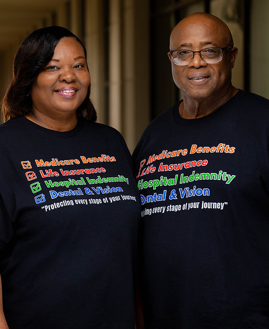 Medicare and insurance consultants posing in branded shirts.