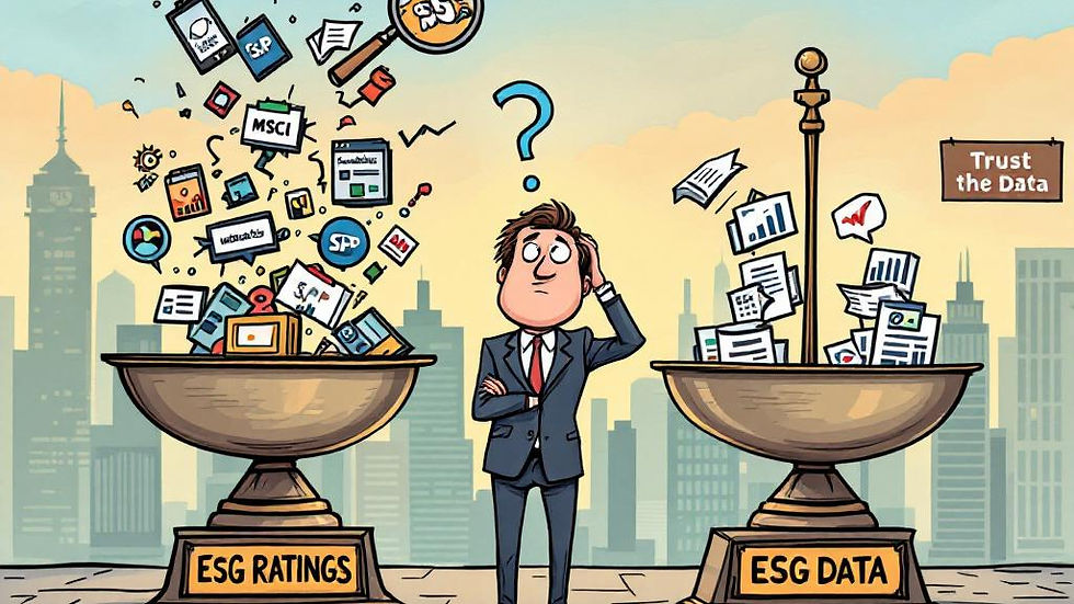 Man in suit puzzled between scales labeled ESG Ratings and ESG Data. Papers, icons fly from scales. City skyline background. Sign: Trust the Data.