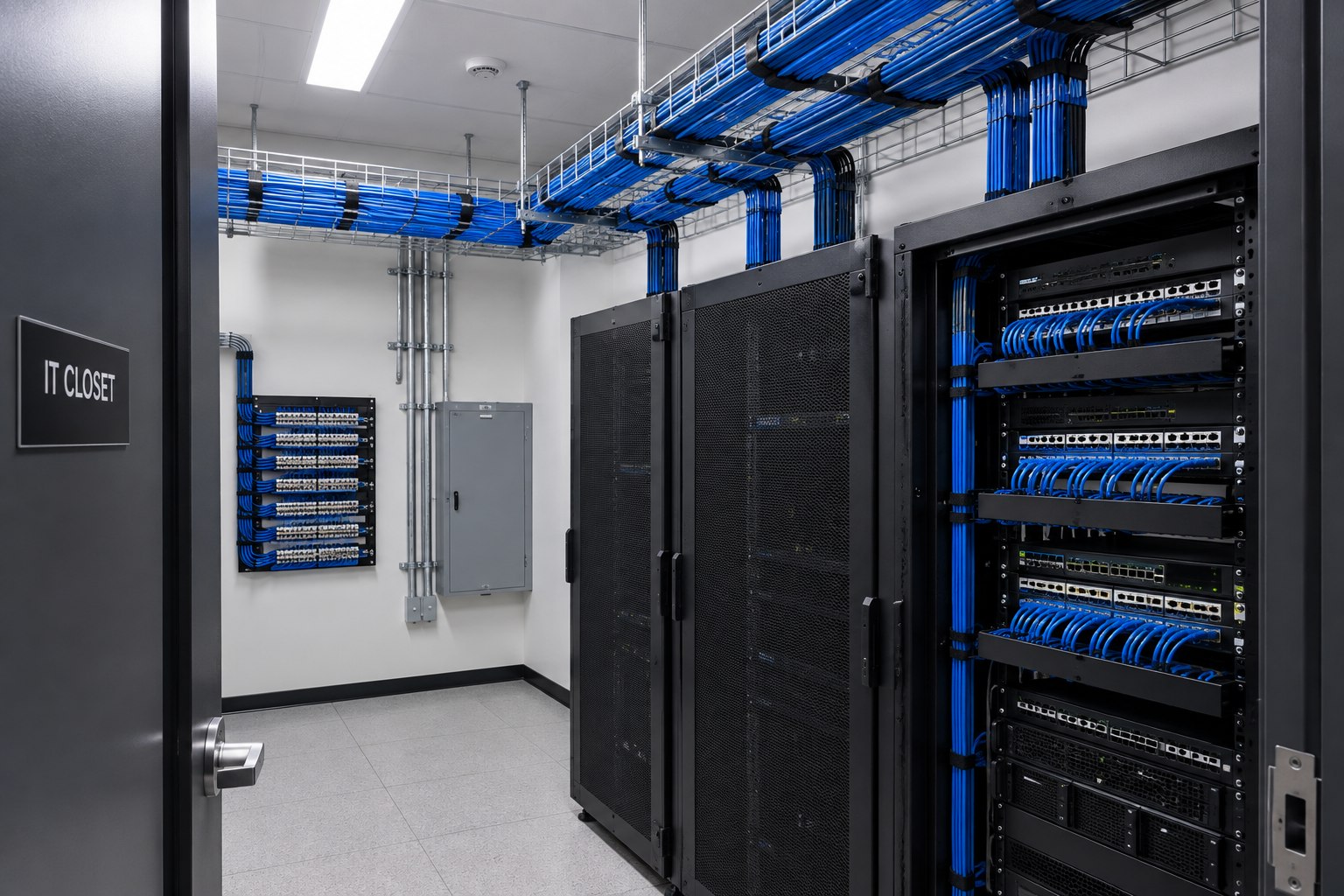 IT closet with structured cabling in cable tray, patch panels and network racks