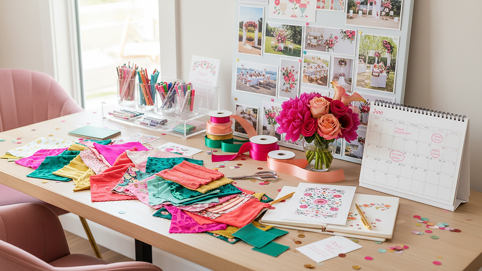Eye-level view of a wedding planner’s desk with colorful swatches and a calendar