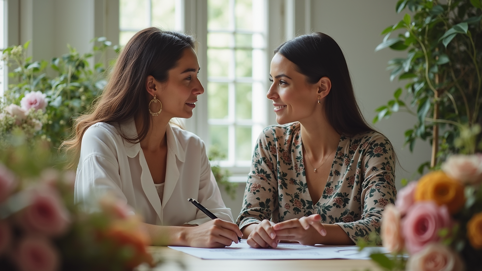 High angle view of a wedding planner discussing floral arrangements with a client