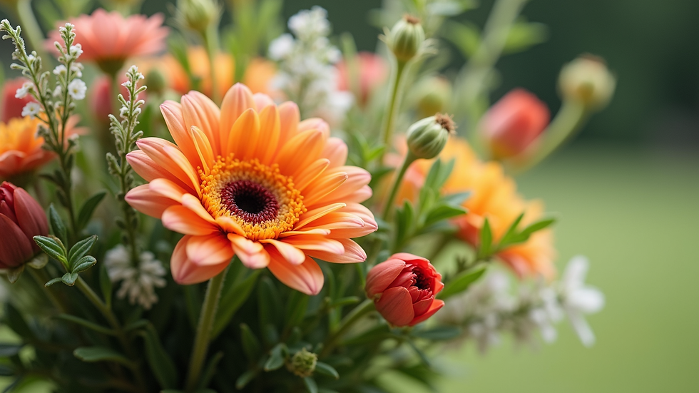 Close-up view of a summer wedding bouquet with bright flowers and greenery
