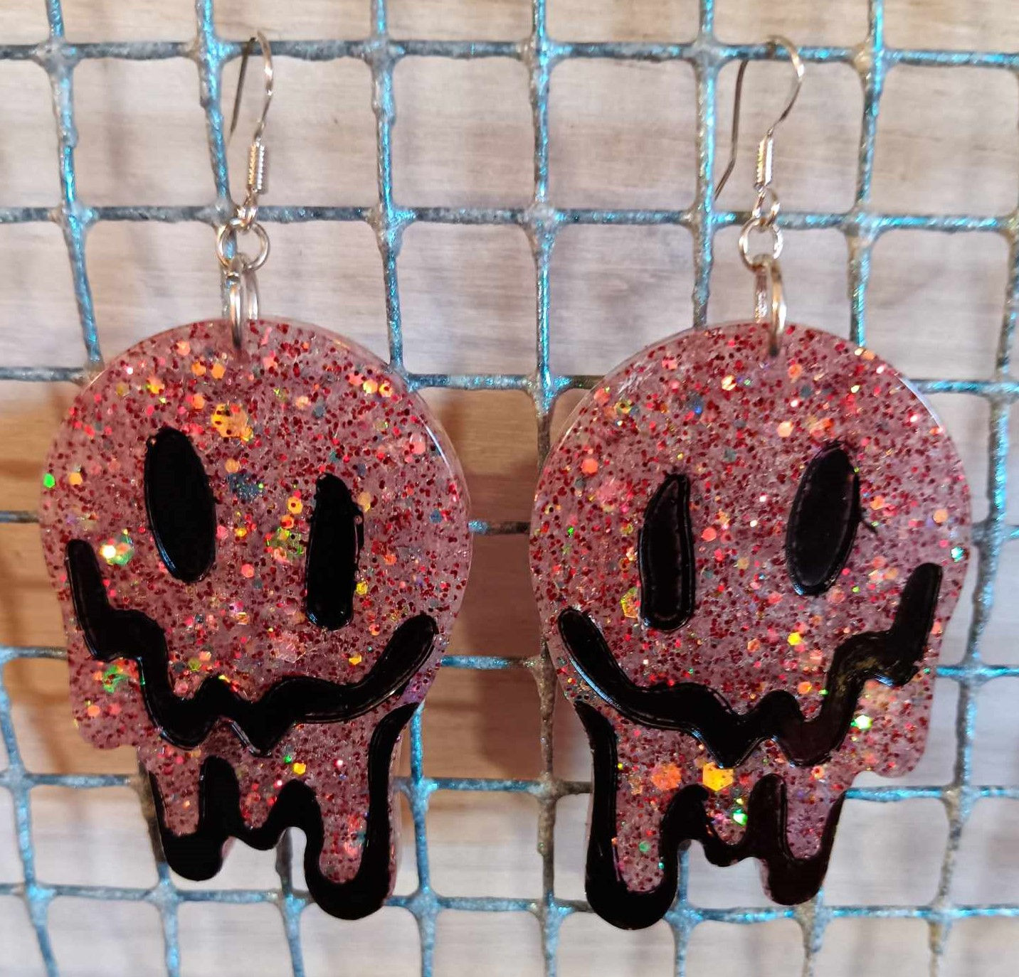 Glittery Pink & Black Smiley Resin Earrings