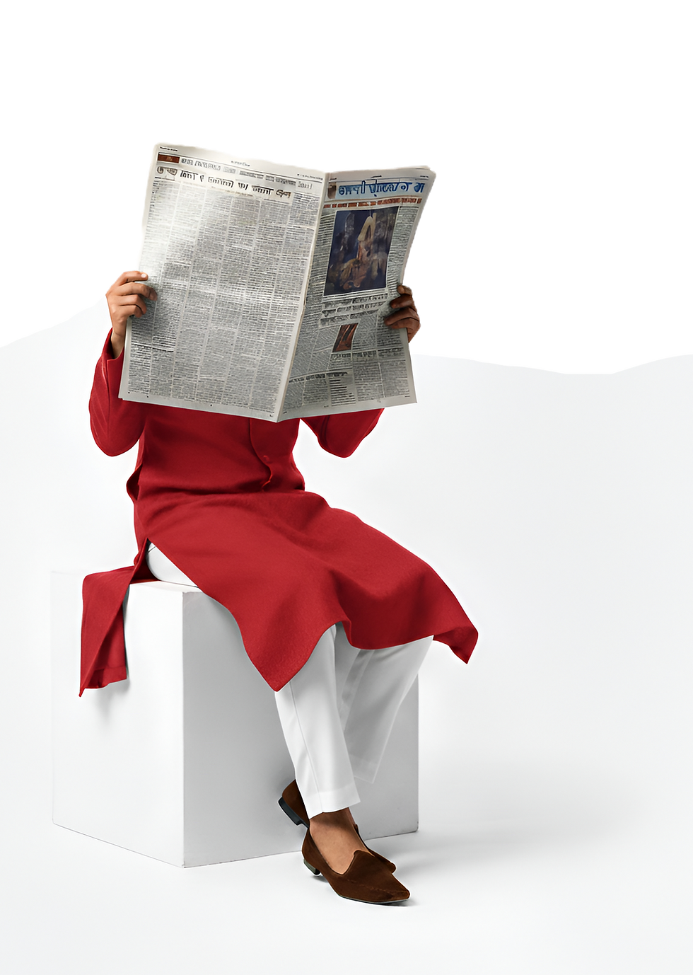 Person in red kurta at Unedited Labs reading a newspaper.