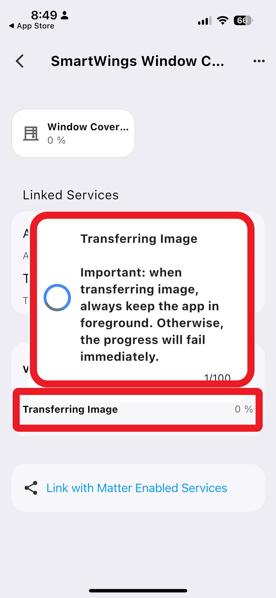 app screenshot showing an image being transferred