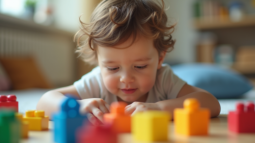 Close-up view of a child playing with colorful building blocks