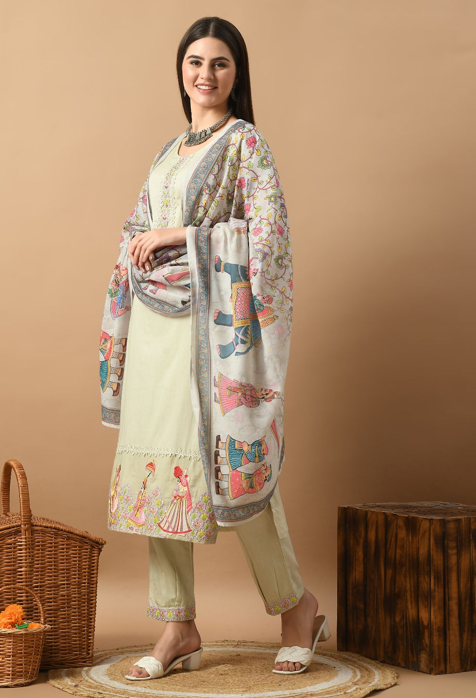 Thumbnail: Indian Dresses for Women: Muslin Tea Green Embroidered Kurta Set Left side view