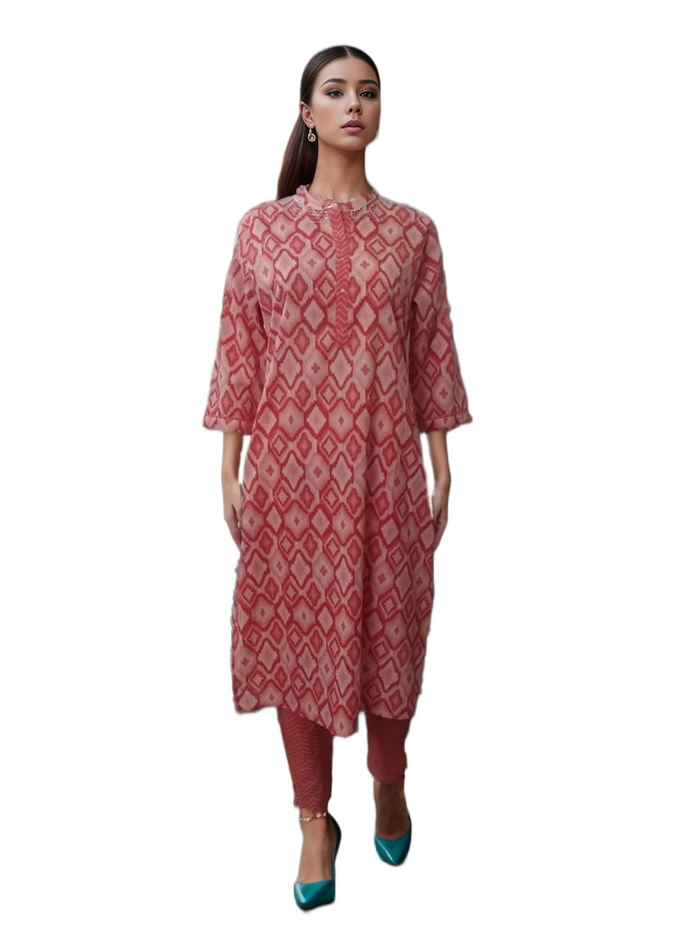Thumbnail: Orange Red Ajrak Print KurtaSet
