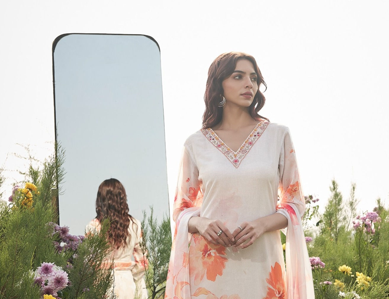 Indian Dresses for Women: Pure Organza Cream with Orange Floral Digital Print close-up