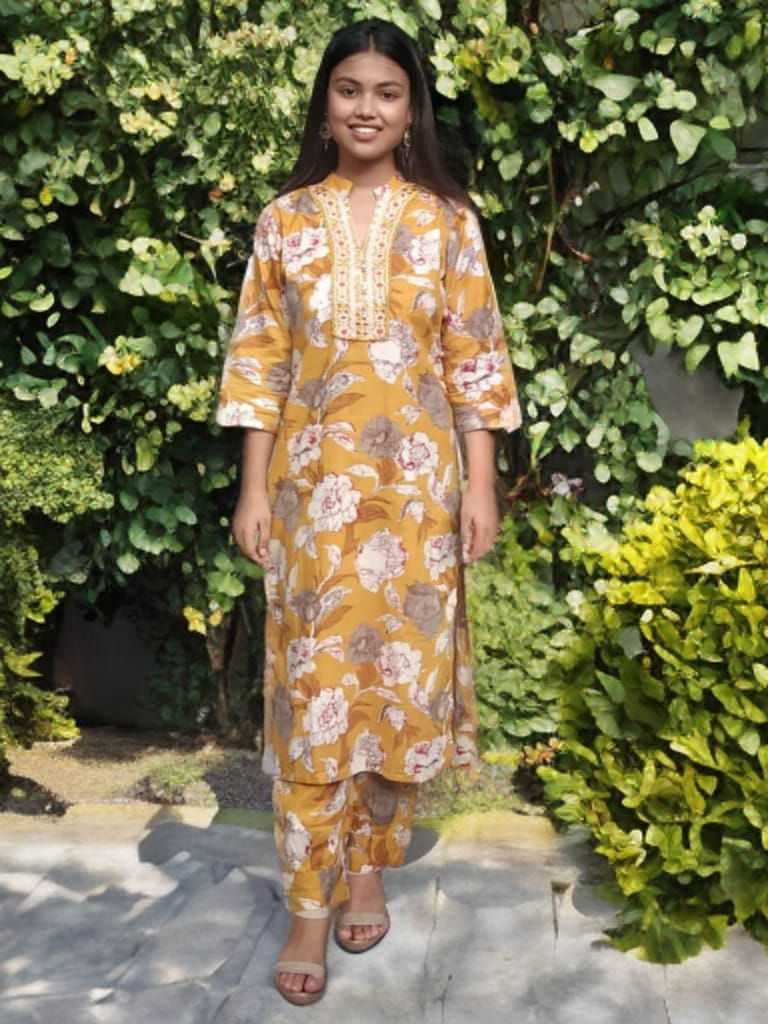Thumbnail: Mustard Yellow Floral Cotton Suit