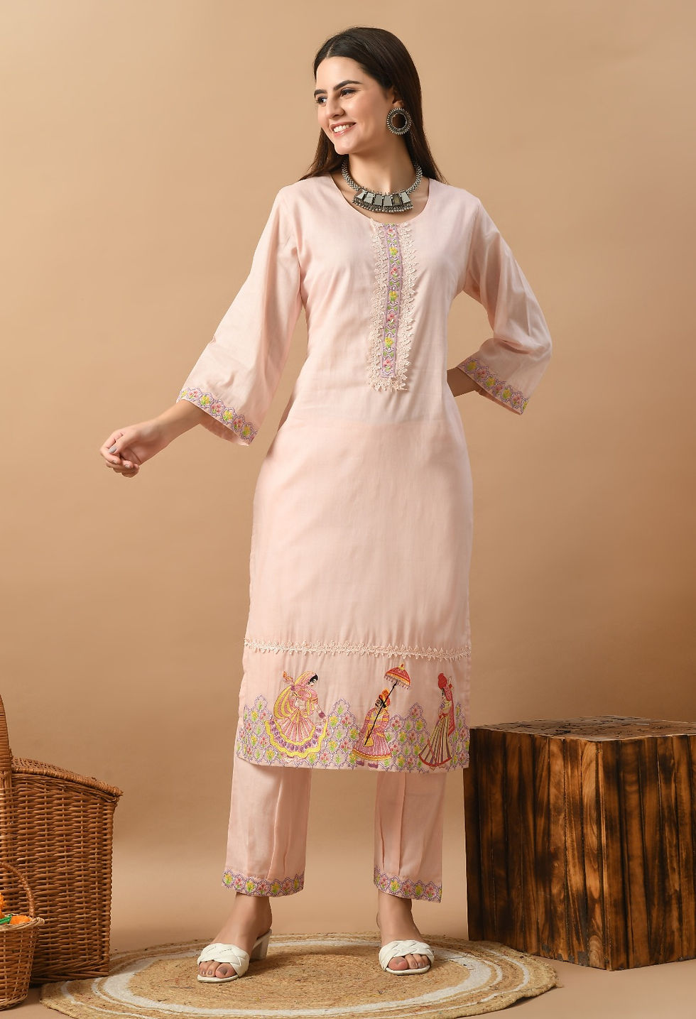 Indian Dresses for Women: Muslin Peachy Pink Embroidered Kurta Set Full view