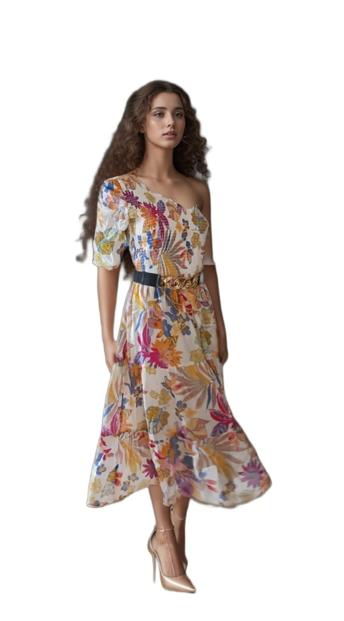 Thumbnail: White Floral One Shoulder Dress