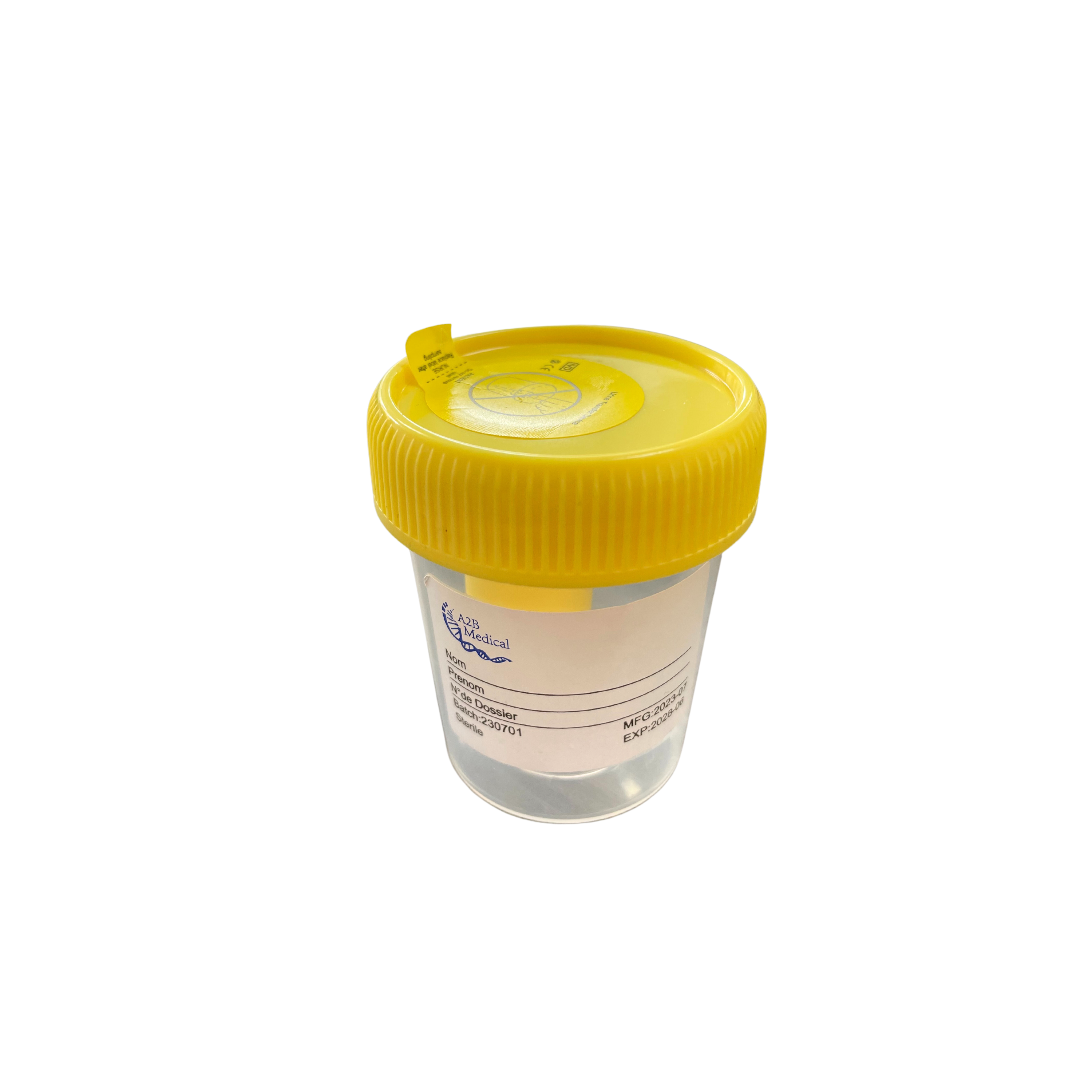 Flacon 120 mL avec percuteur de tube sous vide.