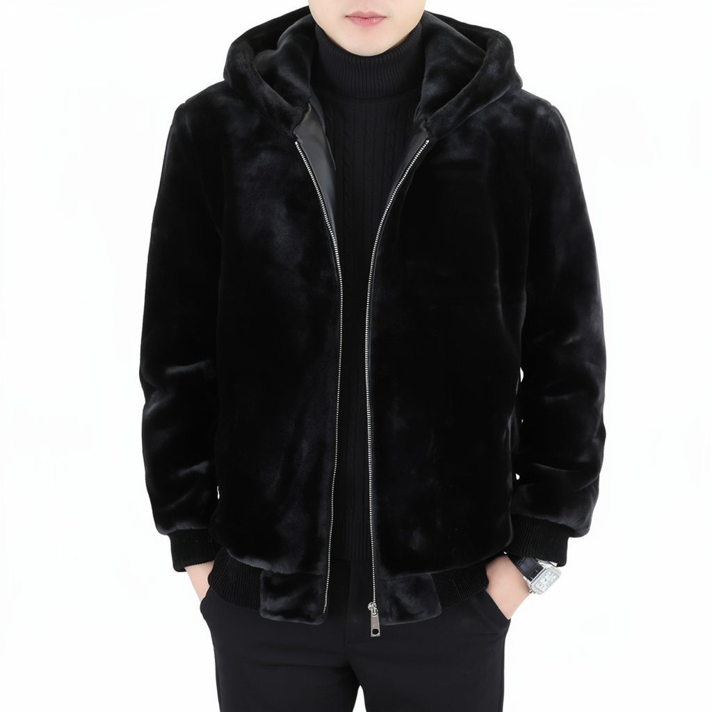 Autumn and Winter New Mink Velvet Jacket Men's Hooded Thickened Warm Cold-proof 