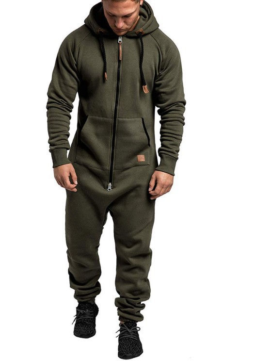 Miniatura: In-Stock New Foreign Trade Men's Hooded Fleece Jumpsuit Solid Color Casual Men's