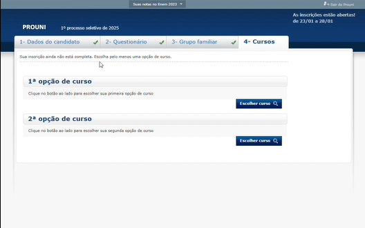 Tela de seleção de opção de cursos