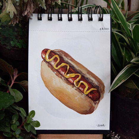 88/100 Hotdog | 4.1" x 5.8" | Gouache