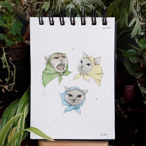 56/100: Babushkats | 4.1" x 5.8" | Watercolour, micron pen