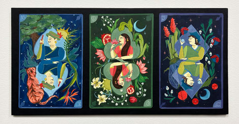 Raja, Rani, aur Woh | 17” x 8.5” (each card 5” x 7.5”) | Gouache on hot-pressed watercolour paper
