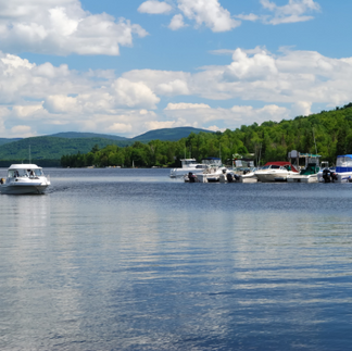 A mountain lake with boats