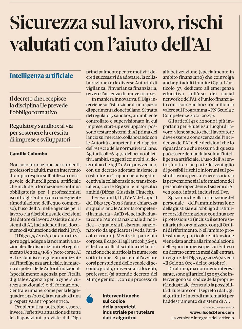 IA e Sicurezza sul Lavoro: Cosa Prevede il D.lgs. 179/2026 per Imprese e Professionisti