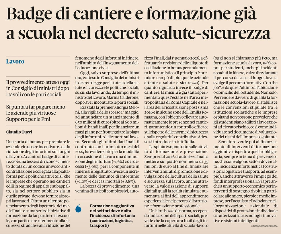 Badge di cantiere e formazione già a scuola nel decreto salute-sicurezza