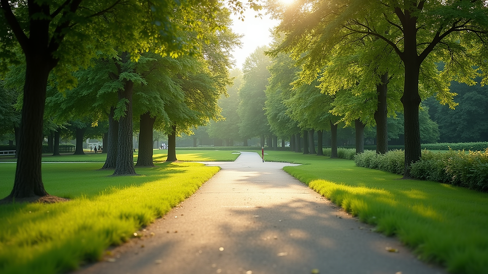 Eye-level view of a serene park with walking paths and lush greenery