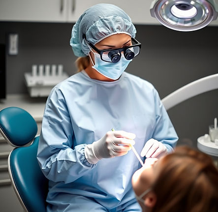 Dental hygienist wearing sterile gown, mask and dental magnifying loupes. She should be s