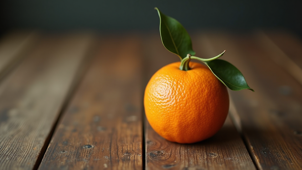 Close-up view of a vibrant orange on a rustic wooden table