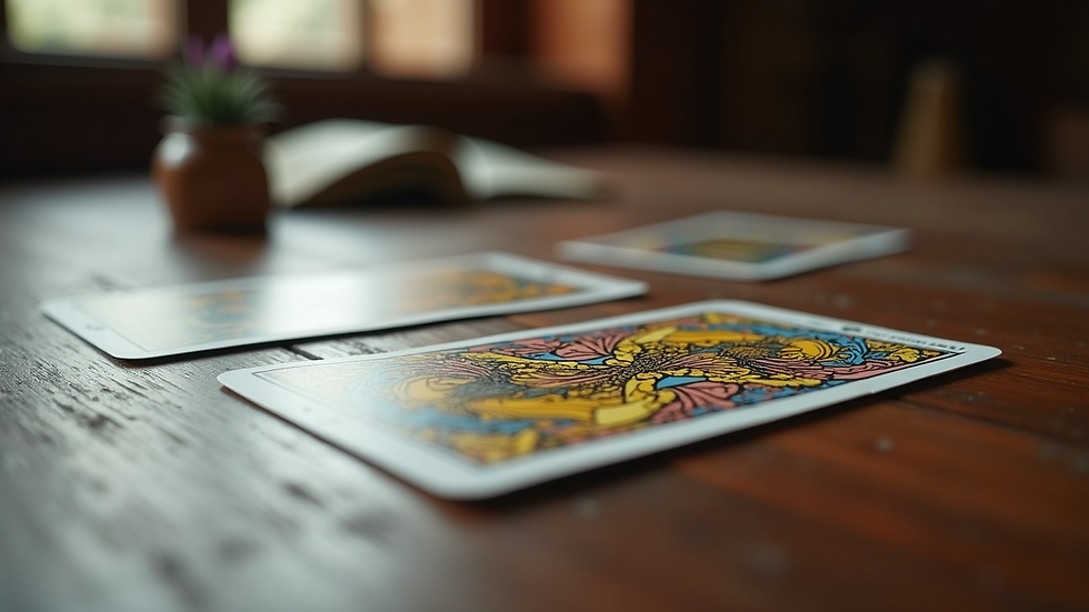 Eye-level view of tarot cards laid out on a wooden table