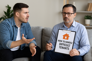 Landlord staying calm while discussing issues with a difficult tenant, holding a clipboard labeled ‘How to Handle Difficult Tenants’ in a modern living room