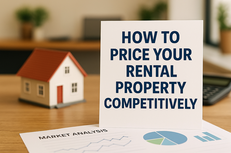 A desk setup with a miniature house model, calculator, and printed market analysis charts beside a sign reading “How to Price Your Rental Property Competitively,” symbolizing rental pricing strategies for landlords.