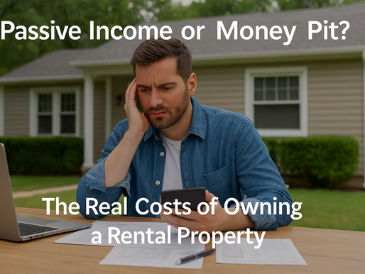 A concerned landlord reviews financial documents with a calculator and laptop at a table, with a rental house in the background. The image highlights the real costs of owning a rental property.