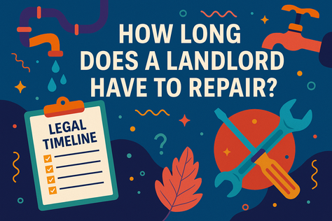 Colorful digital illustration showing tools, dripping faucets, and a checklist labeled “Legal Timeline,” symbolizing landlord repair responsibilities and timelines.