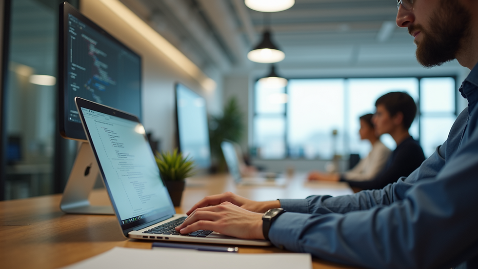 Eye-level view of a virtual assistant working on a laptop in a modern office