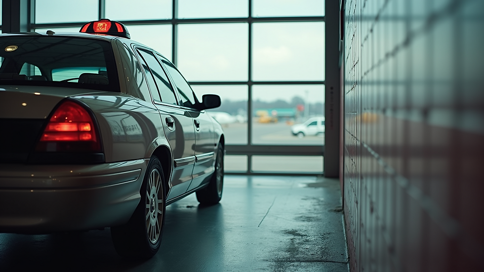 Eye-level view of a clean taxi parked outside Halifax airport terminal