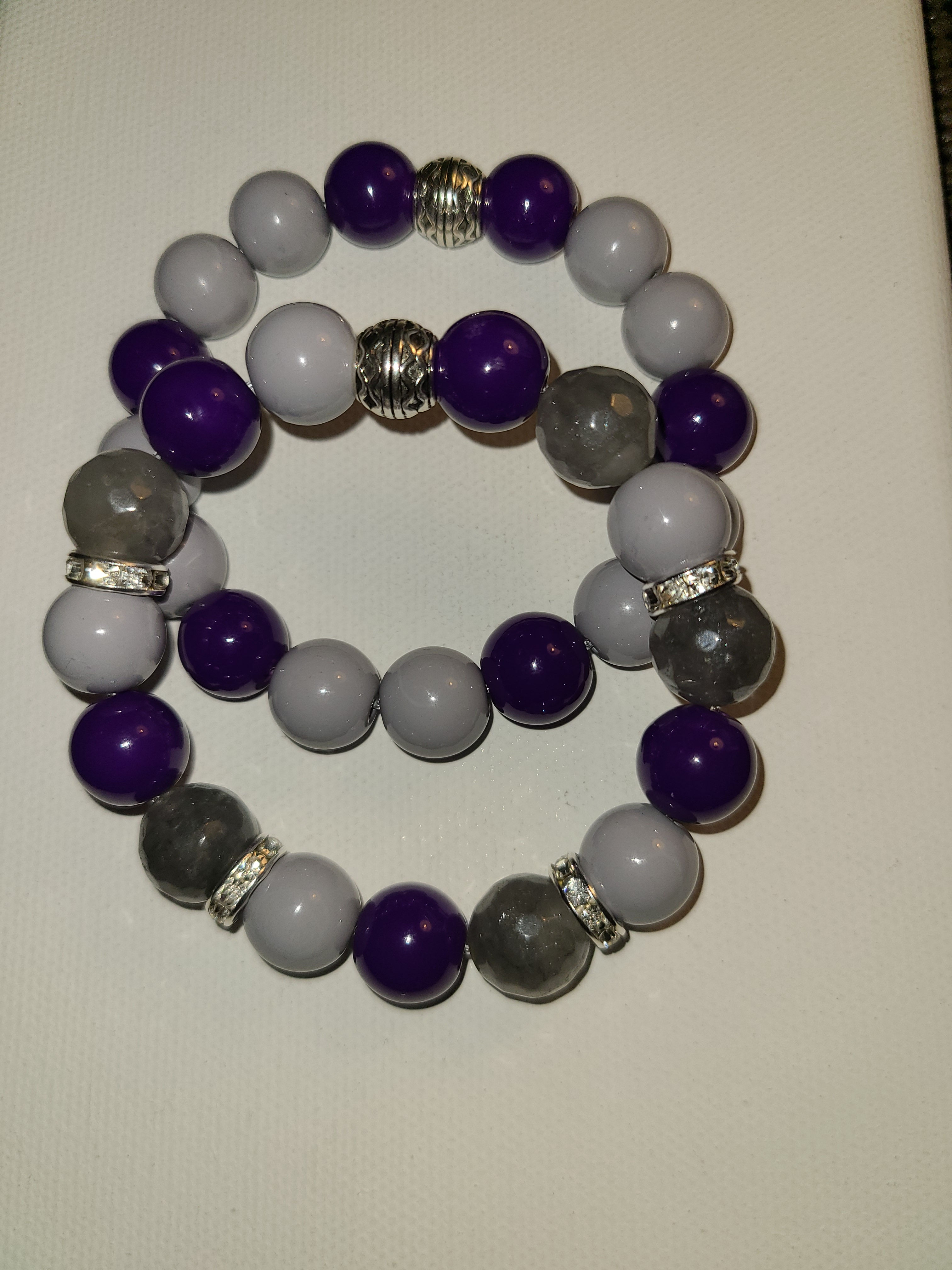 Purple & Gray Stretch Beaded Bracelets. 12mm
