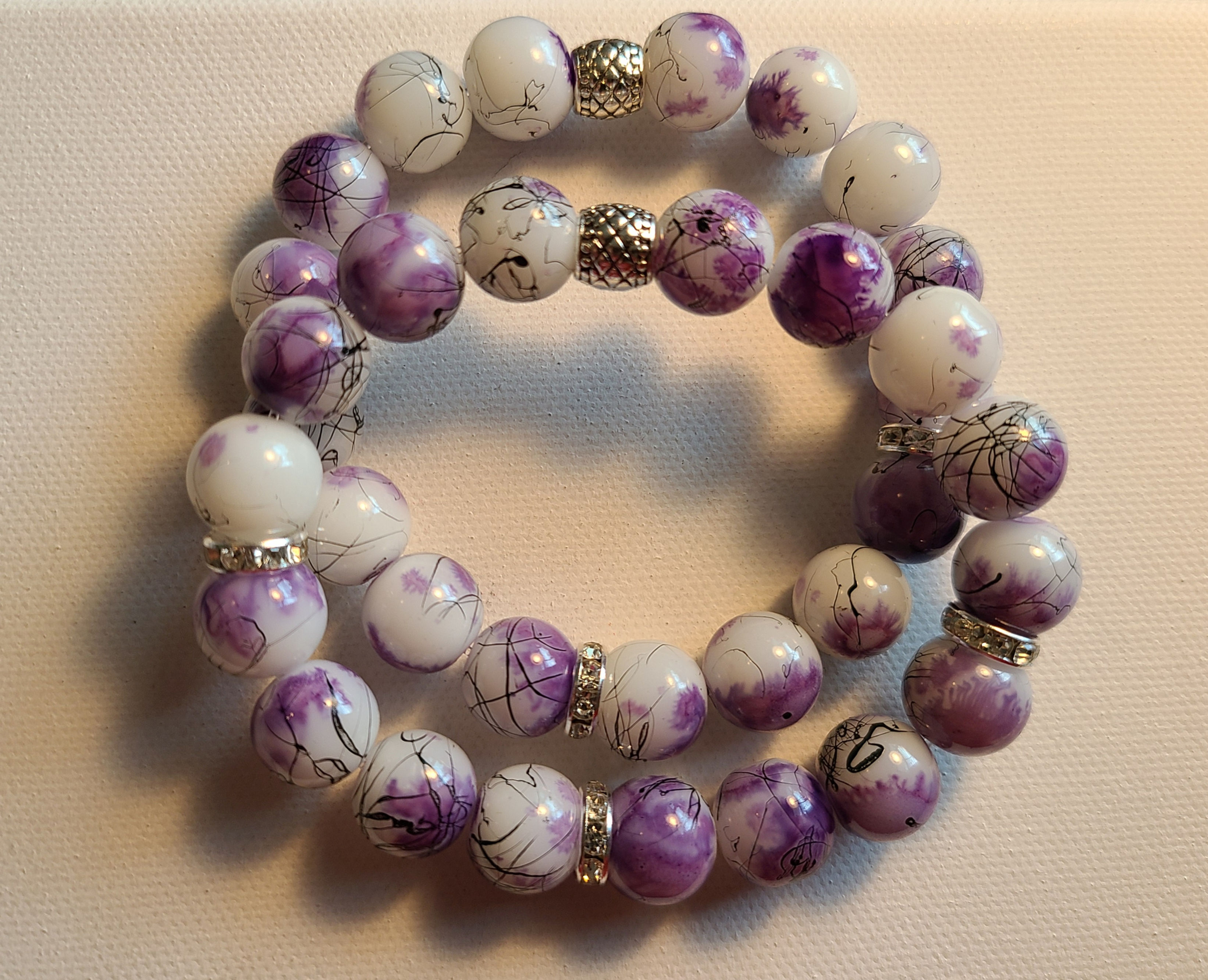 Purple and White Bead Bracelet.  12mm 8"