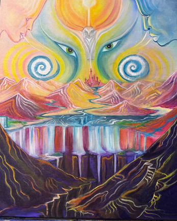 Green eyes and profile faces above spirals, mountains, a winding river, and broad rainbow-colored waterfalls.