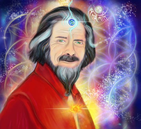 A dark-haired figure in red with Earth at the brow, luminous chest, and interlocking circles among stars.