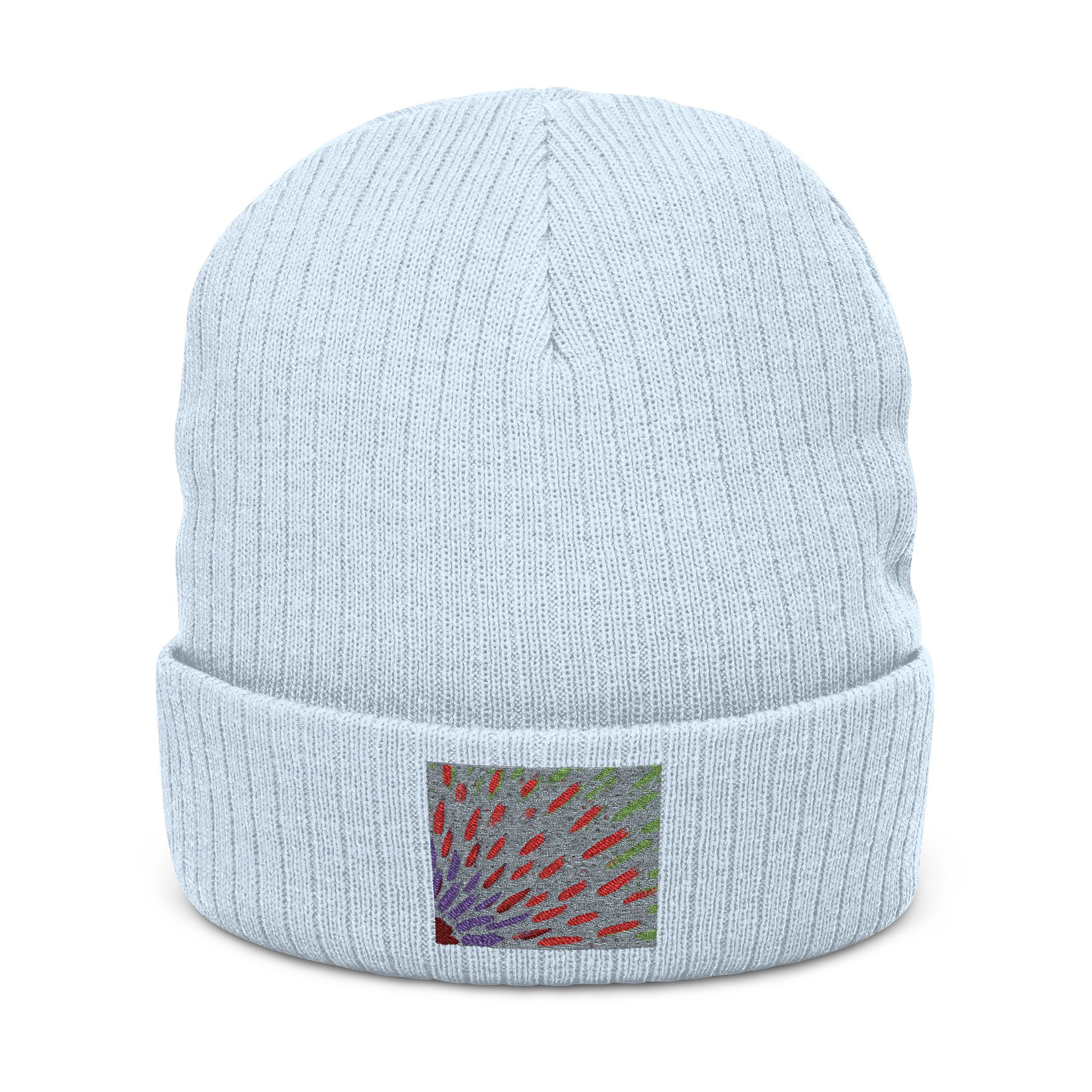 Embroidered Ribbed Beanie — Colorful Abstract Patch Knit Hat