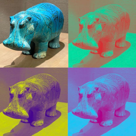 This is a photo of William, from the MET in NYC, repeated four times. One is its original color, the other three are duotone images.
I have visited him twice; he's great. He is a piggy-bank sized statue of a blue hippo, from Ancient Egypt.