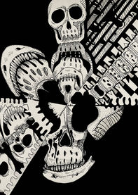 An ink illustration of a kaleidoscope of skulls.